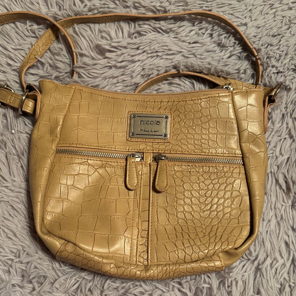 Nicole Miller Metallic Gold Croc-Embossed Crossbody Bag